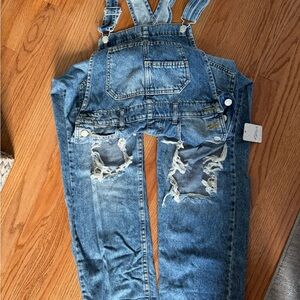 Free People Distressed Denim Overalls